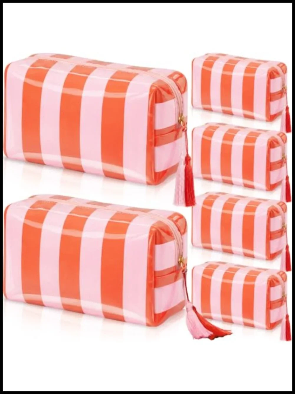 6 Pcs Waterproof Striped Makeup Bag Bulk for Women Orange PVC Travel Cosmetic